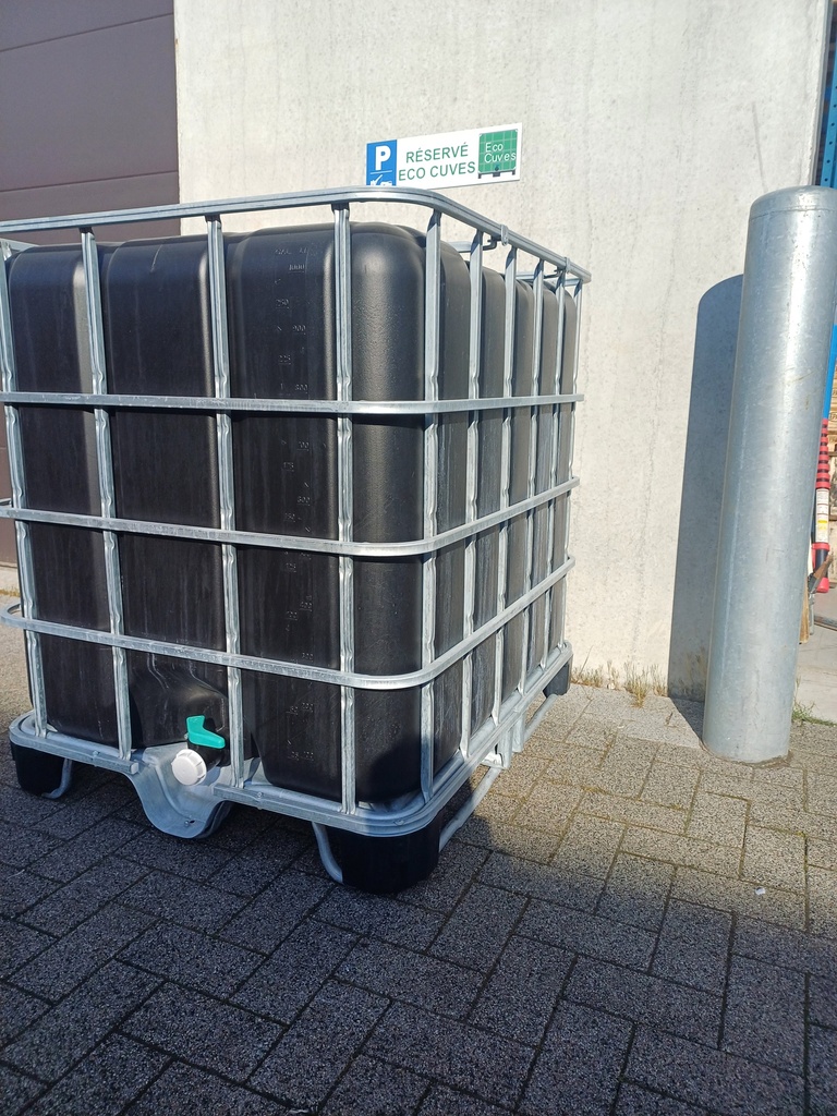 ​​​Cuve IBC 1000 litres rénovée - Noir ouverture 150mm - palette métallique "Greif"