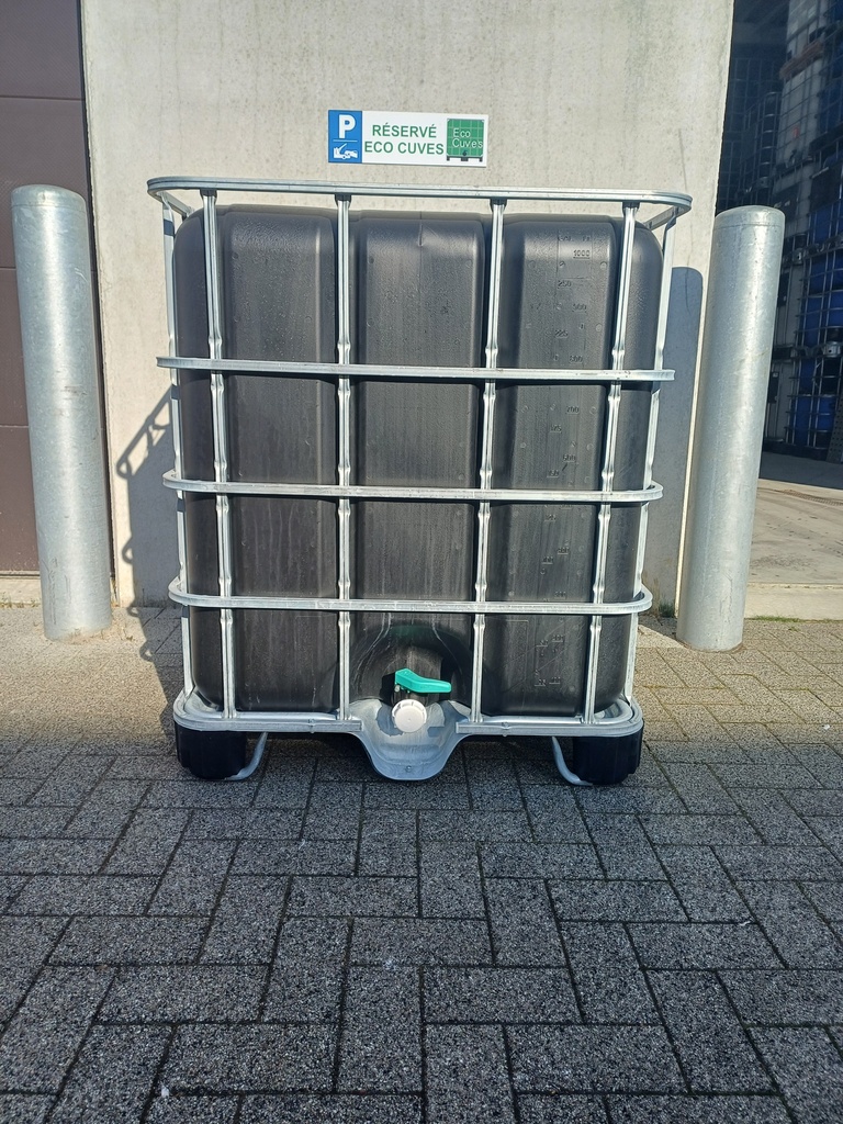 ​​​Cuve IBC 1000 litres rénovée - Noir ouverture 150mm - palette métallique "Greif"