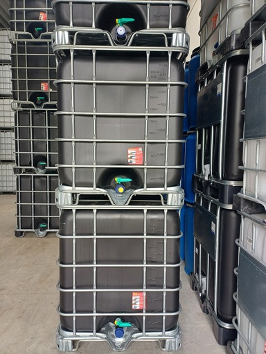 [CRC1Z150PMS] ​​​Cuve IBC 1000 litres rénovée - Noir ouverture 150mm - palette métallique "Schutz"