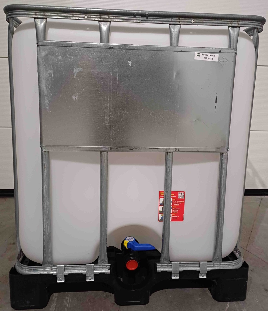 [CRB1NNUN150+CDSPPS] ​​​​Cuve IBC 1000 litres reconditionnée poche neuve - Naturel Non UN ouvreture 150mm avec canne CDS - Palette plastique "Schutz"